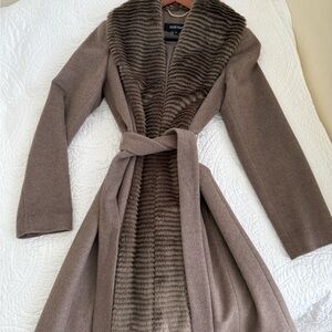 Ellen Tracy Brown Belted Coat with Faux Fur Collar